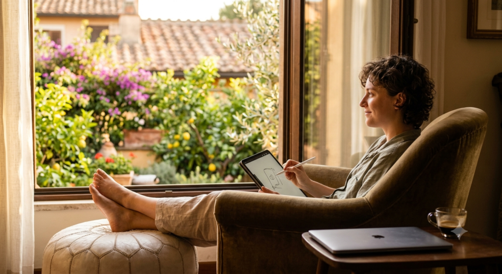 A relaxed professional sitting in a comfortable armchair by a sunlit window, sketching on a digital tablet with a serene garden in the background, representing the peace and autonomy of a successful work-from-home lifestyle.
